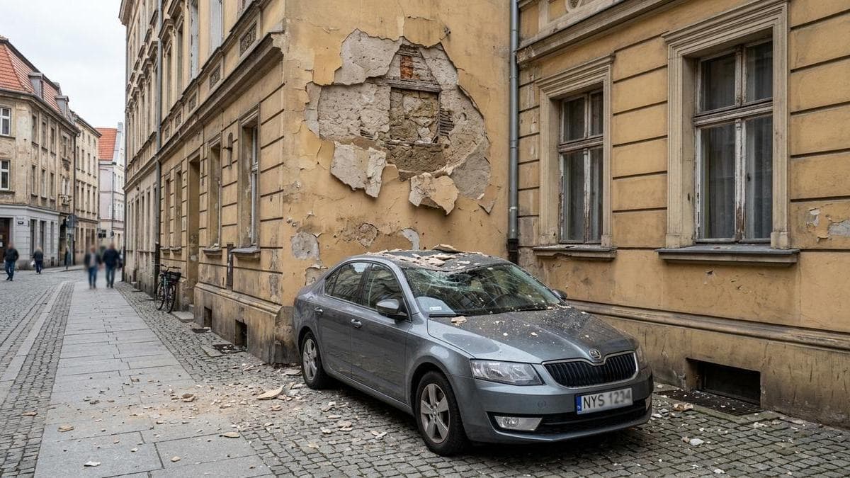 Tynk z kamienicy w centrum Nysy spadł na zaparkowany samochód. Kierowca był w środku