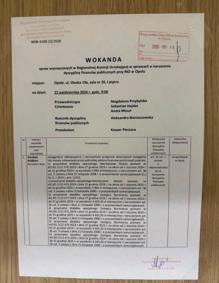 Burmistrz Nysy przed komisją dyscyplinarną za przyznanie dodatków specjalnych urzędnikom