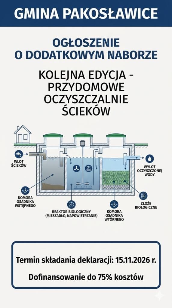 Gmina Pakosławice zbiera deklaracje do projektu budowy przydomowych oczyszczalni ścieków. Dofinansowanie może sięgnąć 75%