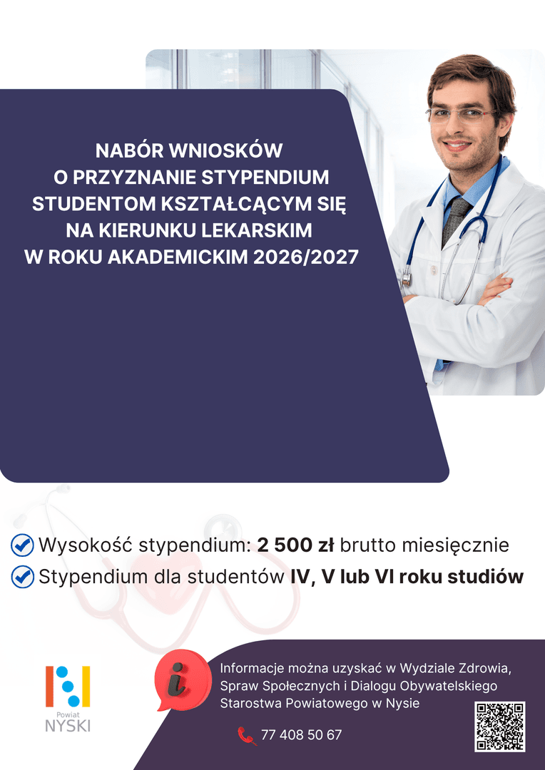 Powiat Nyski ogłosił nabór wniosków na stypendium lekarskie na rok akademicki 2026/2027
